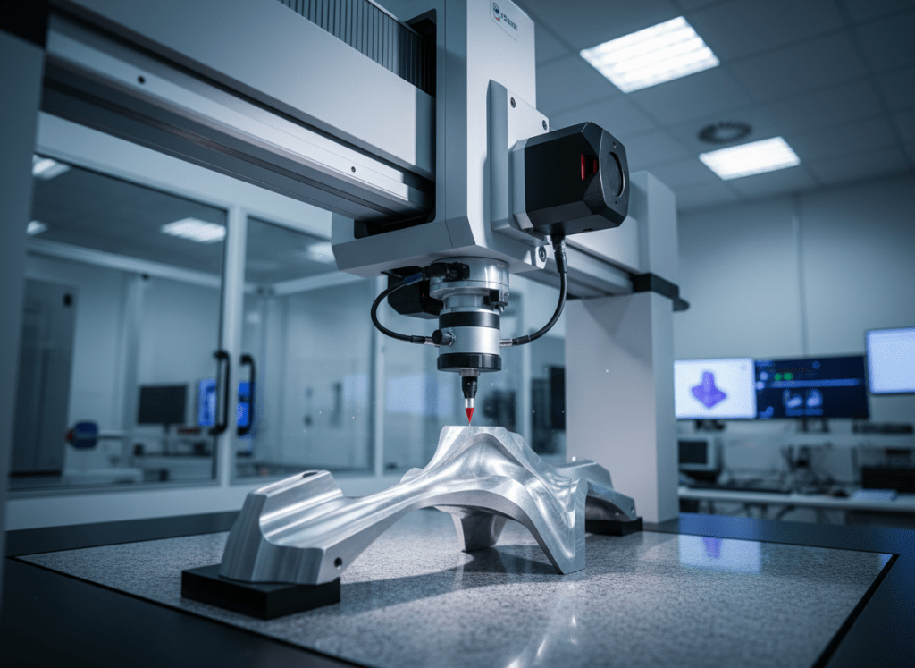 A high-precision CMM (coordinate measuring machine) measuring a complex metal machined part in a professional industrial metrology lab, dramatic lighting, photorealistic, ultra sharp