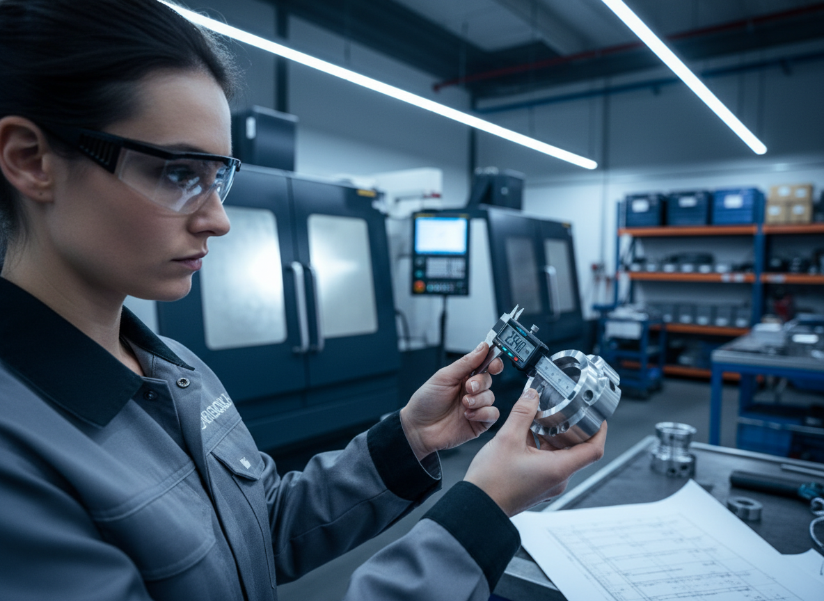 Engineer inspecting a machined metal part with digital calipers in a modern workshop, professional corporate photography, cool tones